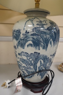 A pair of Japanese blue and white ceramic table lamps and shades, 71cm high overall. Condition - good, untested